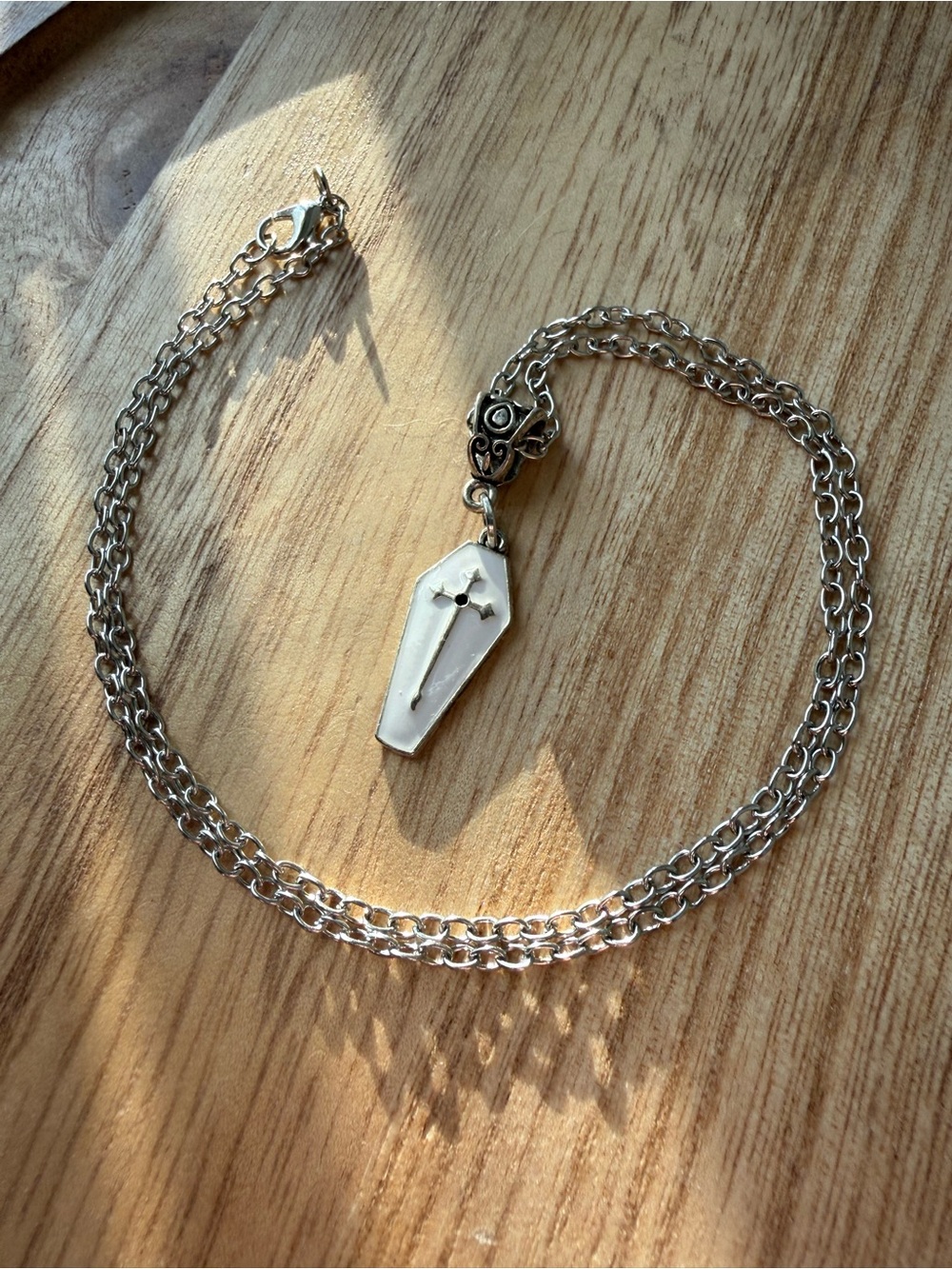 Gothic Coffin Sword Pendant Necklace Silver Rolo Chain White Enamel Vamp